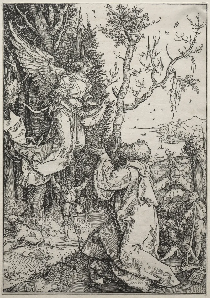 Albrecht Dürer's 'Joachim and the Angel' depicts a biblical scene with intricate details.