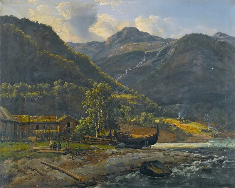 View at Skjolden in Lyster by Johan Christian Dahl, oil painting depicting mountains and river at dawn