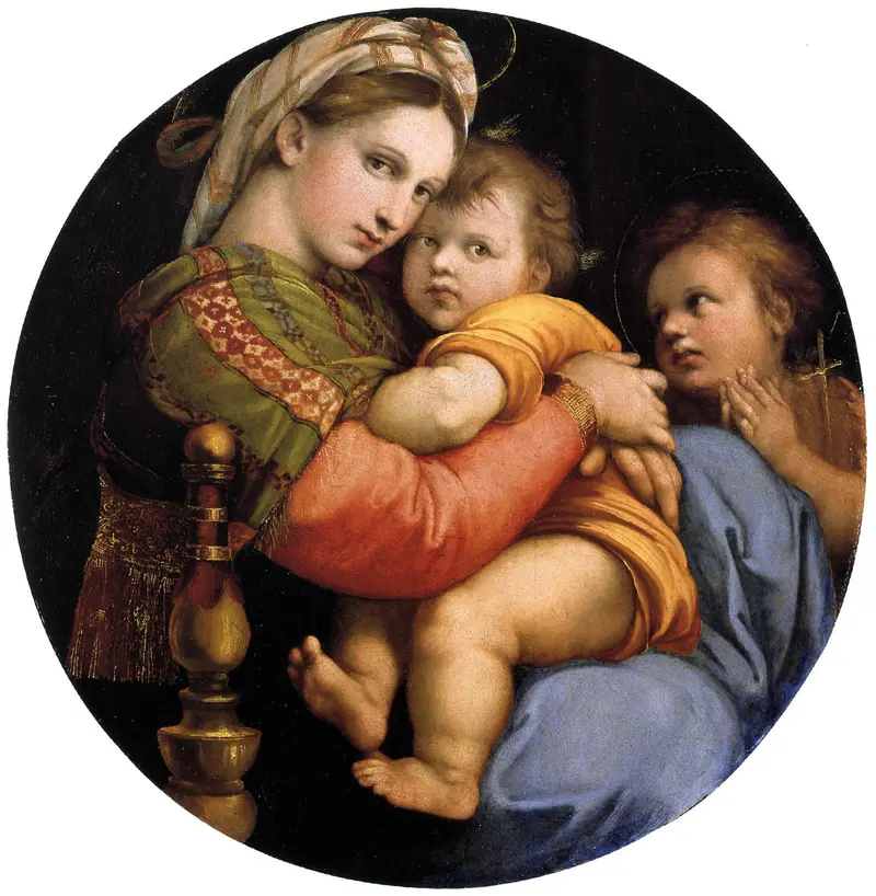 Madonna and Child by Raphael, depicting the Virgin Mary embracing the Christ Child in a tender moment.