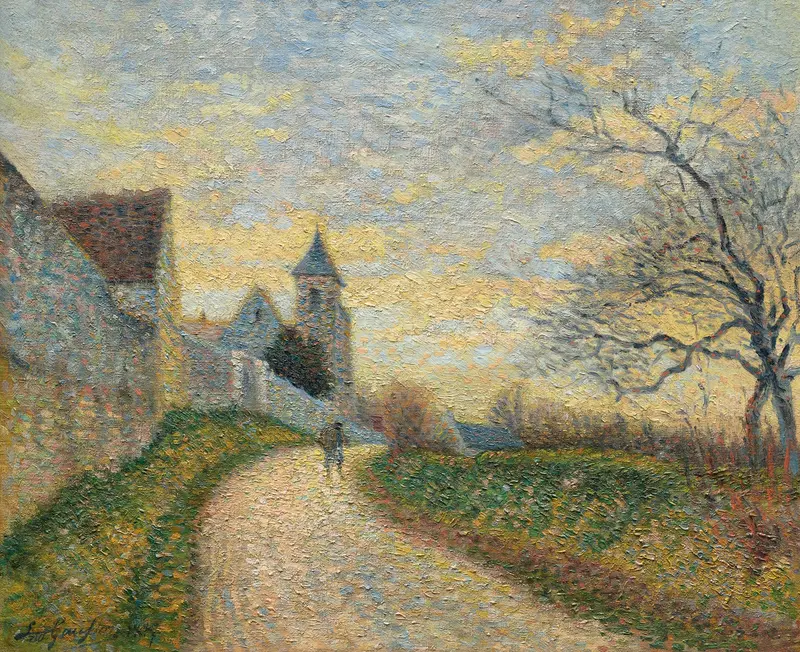 Landscape with a church and sky by Léo Gausson, oil painting