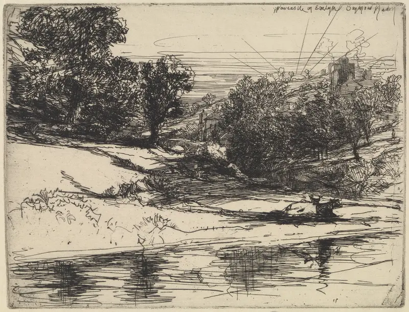 Engraving by Francis Seymour Haden depicting a tranquil river landscape with foliage