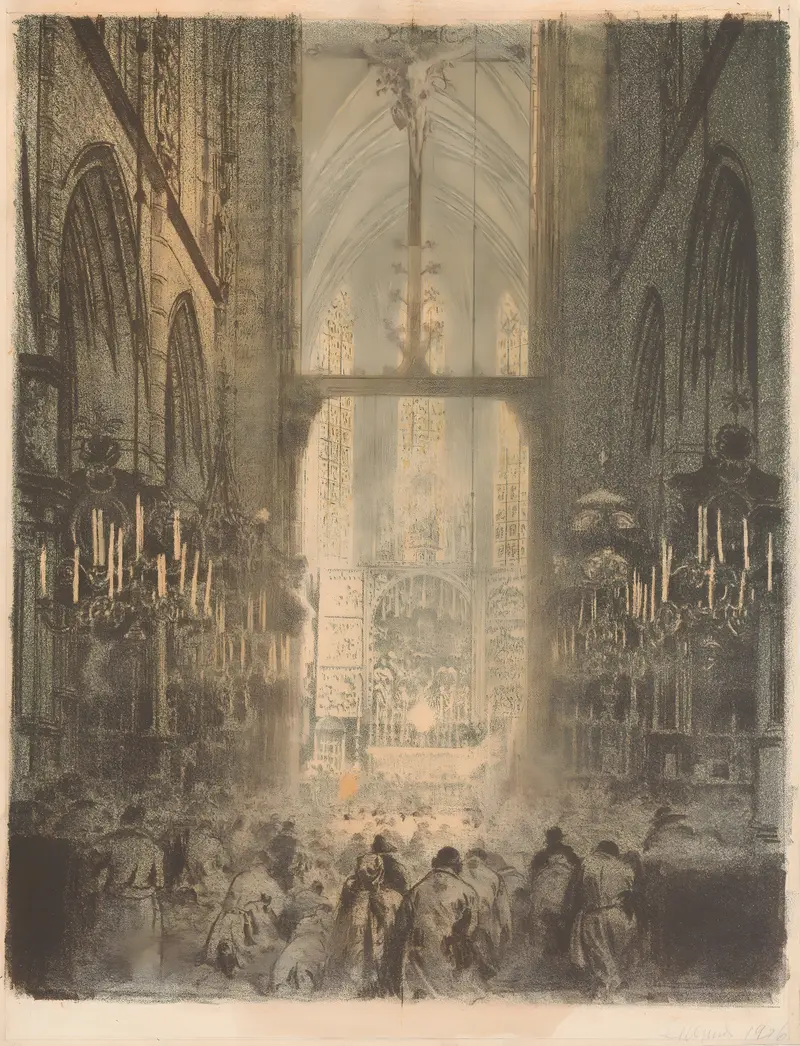 Church interior featuring the Veit Stoss altarpiece, oil on canvas by Leon Wyczółkowski