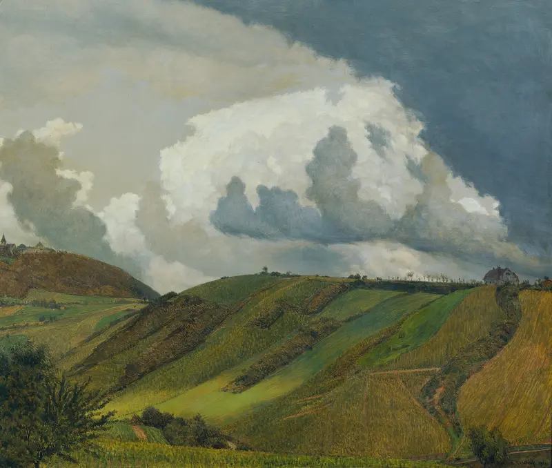 Landscape depicting a stormy sky and fields, oil painting by Emanuel Baschny