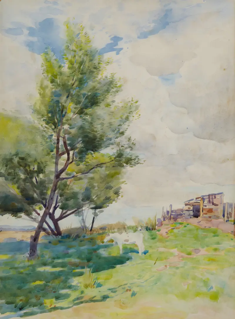 Hutt Valley landscape by James Nairn, oil painting depicting rolling hills and a serene valley.