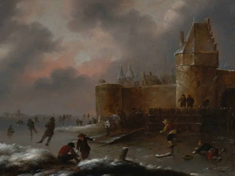 Winter landscape with skaters by Nicolaes Molenaer, oil painting depicting figures gliding on ice.