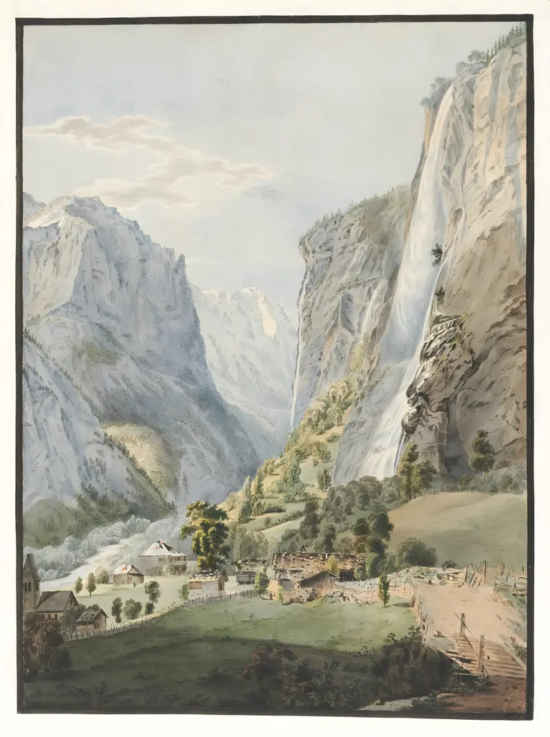 La Chute du Staubbach, an oil painting by Franz Niklaus König depicting a waterfall in a valley.