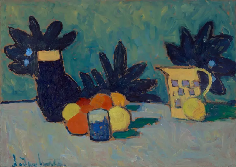 A vibrant still life featuring bold color blocks of fruit and vessels against a dynamic background.