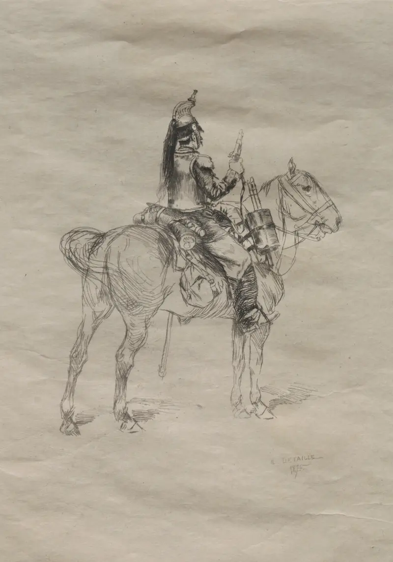 A cavalryman in uniform rides a horse, set against a dramatic battlefield backdrop.