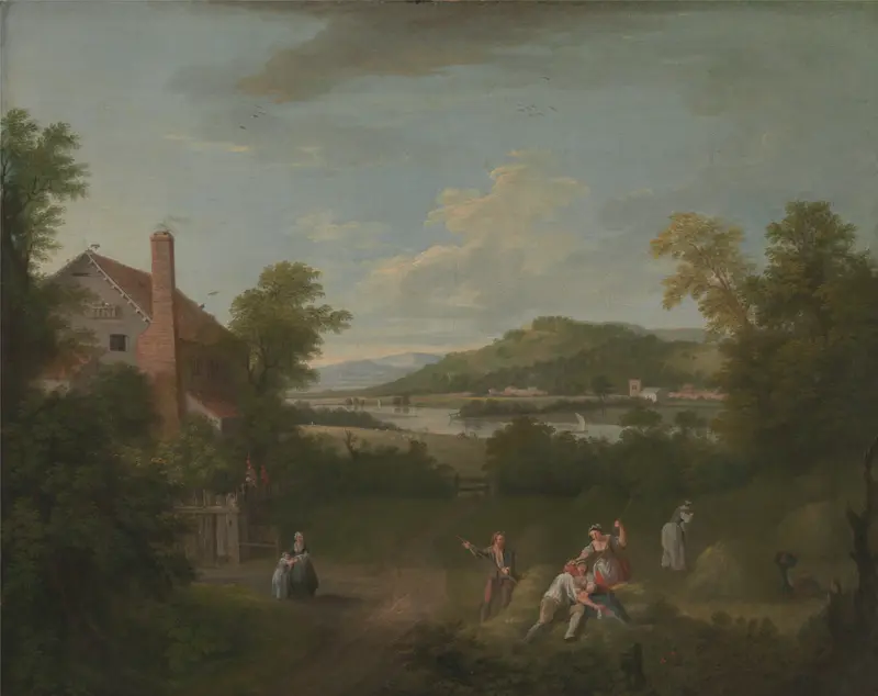 Landscape with Farmworkers by George Lambert, oil on canvas showing laborers working in a field.