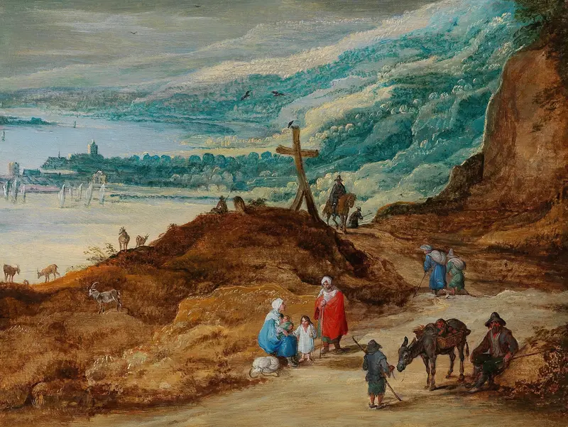 A wide mountainous landscape with travellers, oil painting by Joos de Momper