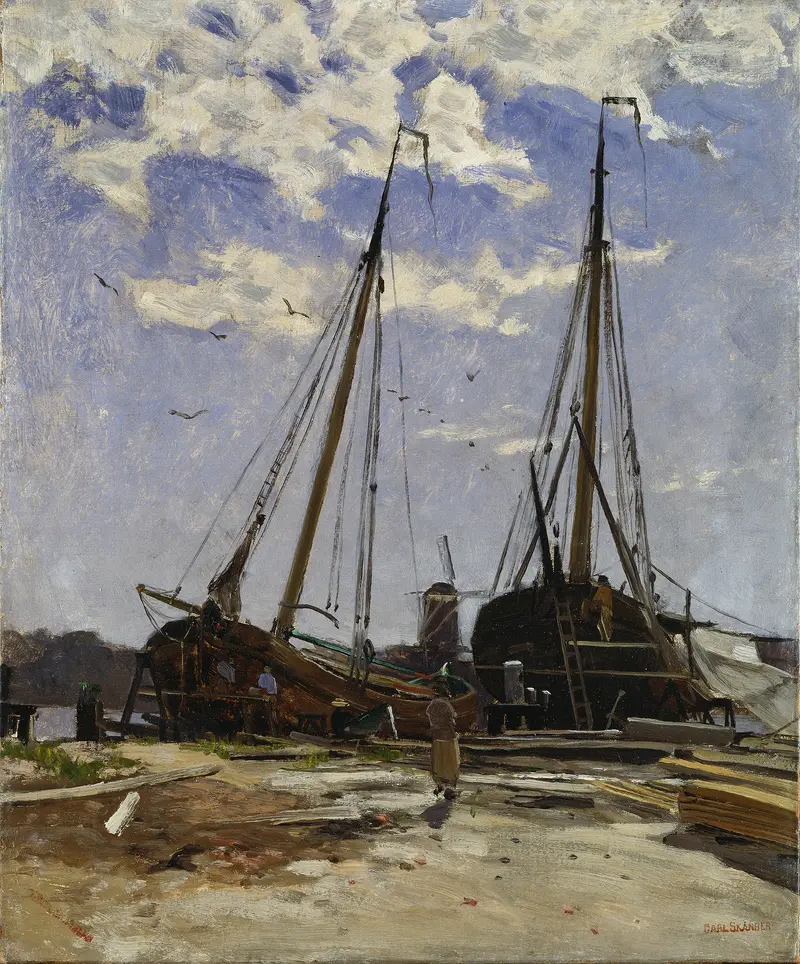Study for Dordrecht Harbour, watercolor on paper by Carl Skånberg depicting boats on water