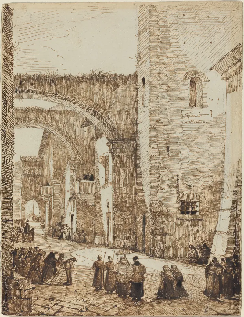 Religious scene of a priest in a medieval street, oil painting by François-Marius Granet