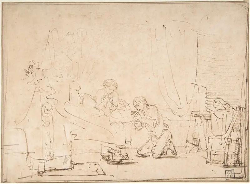Rembrandt's 'The Wedding Night of Tobias and Sarah' captures a moment of intimacy and divine blessing.