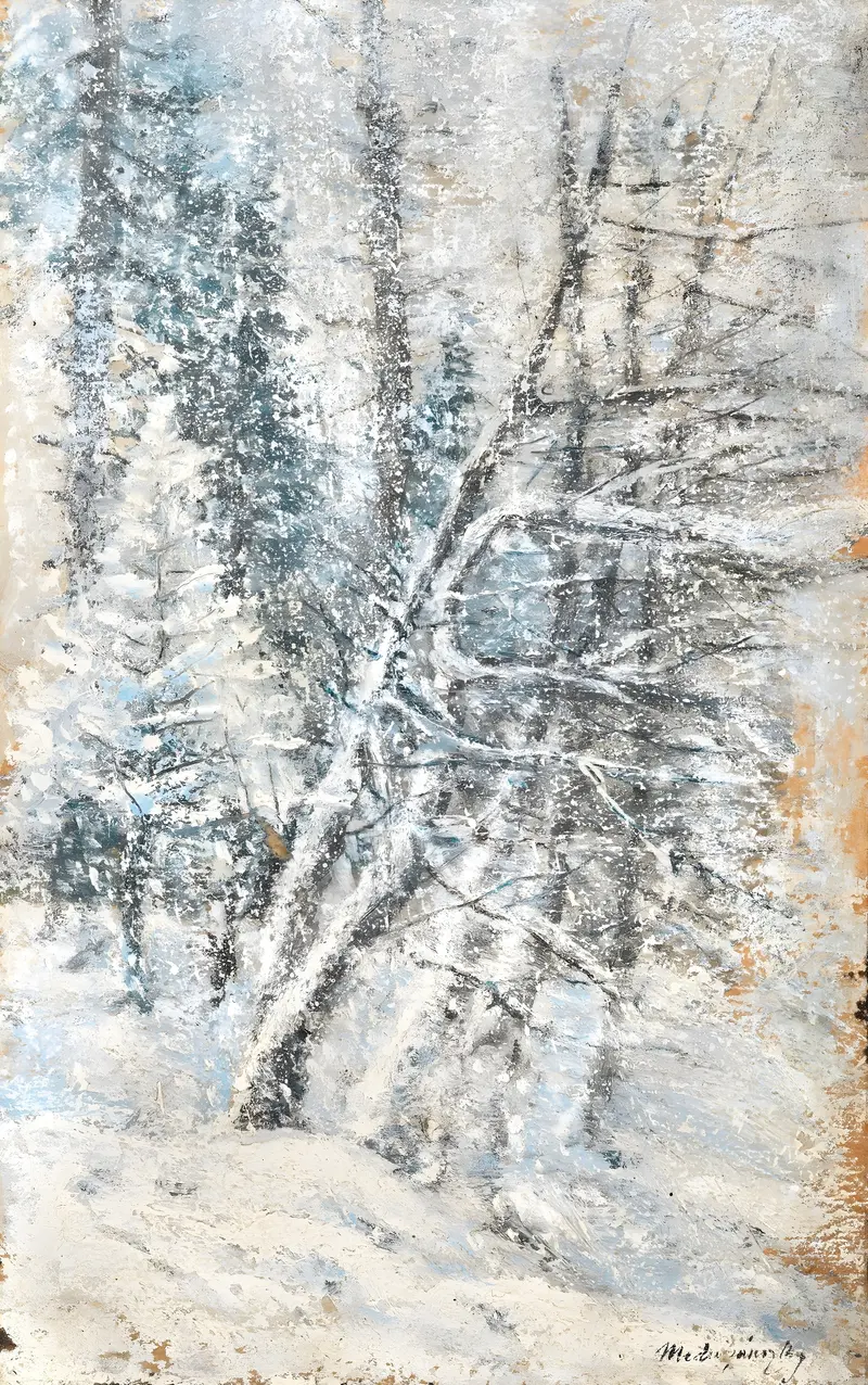 Wintry forest scene with light filtering through trees by Ladislav Mednyánszky, oil painting