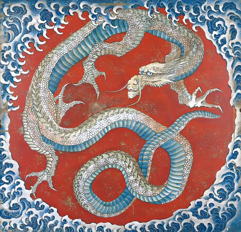 A vibrant depiction of a festival float with a dragon motif during Edo's summer celebrations.