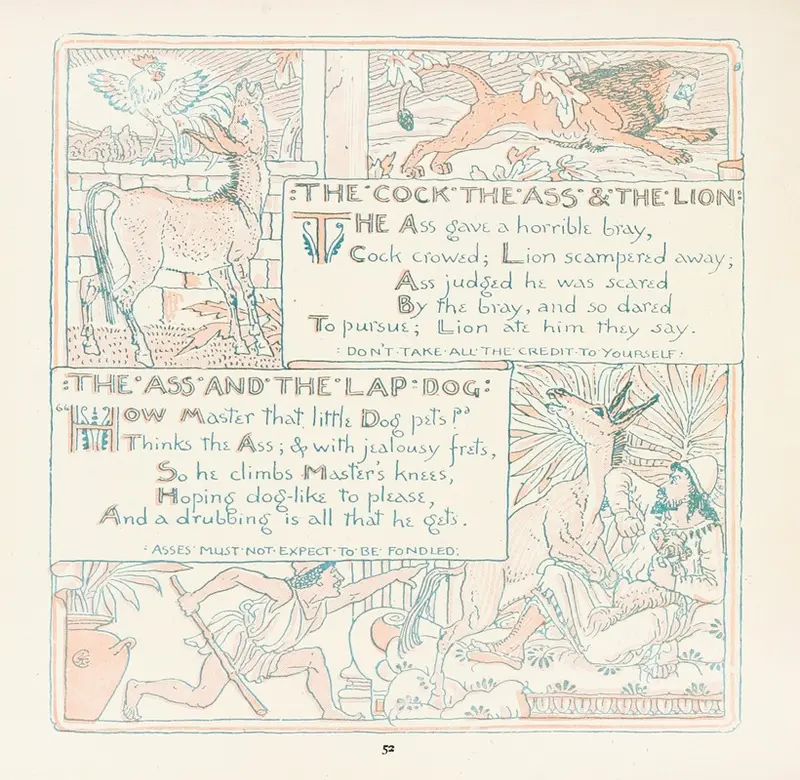 A whimsical illustration featuring a cock, an ass, and a lion in a playful scene.
