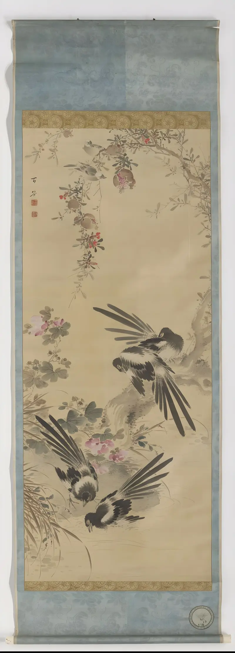 Magpies, Pomegranates, and Hibiscus silk artwork by Wang Ying