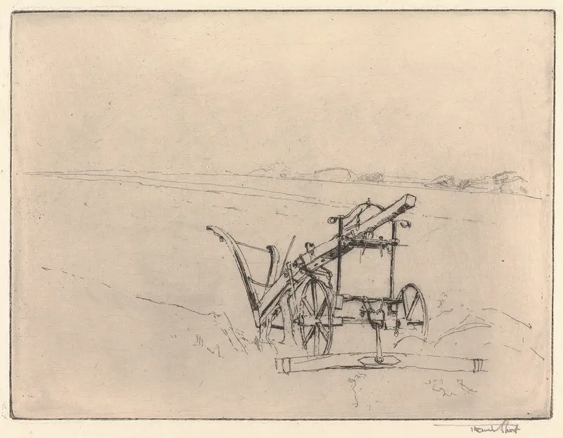 A Norfolk Plough by Sir Frank Short, realism artwork depicting a rural landscape with a wooden plough.