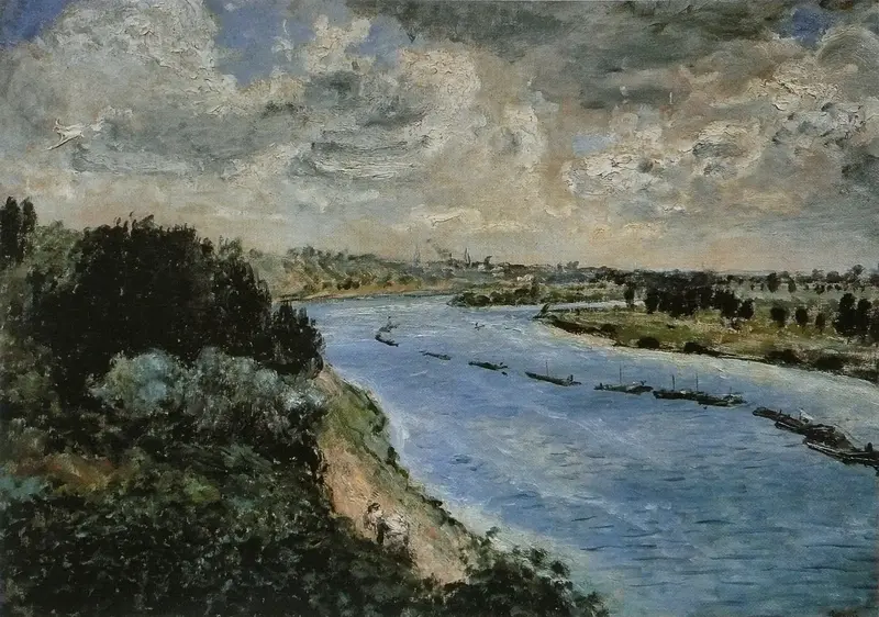 A serene riverside scene depicting flat-bottomed boats on the Seine, painted by Renoir.
