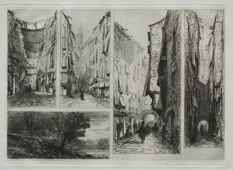 Engraving by Maxime Lalanne depicting a tranquil cityscape at twilight.