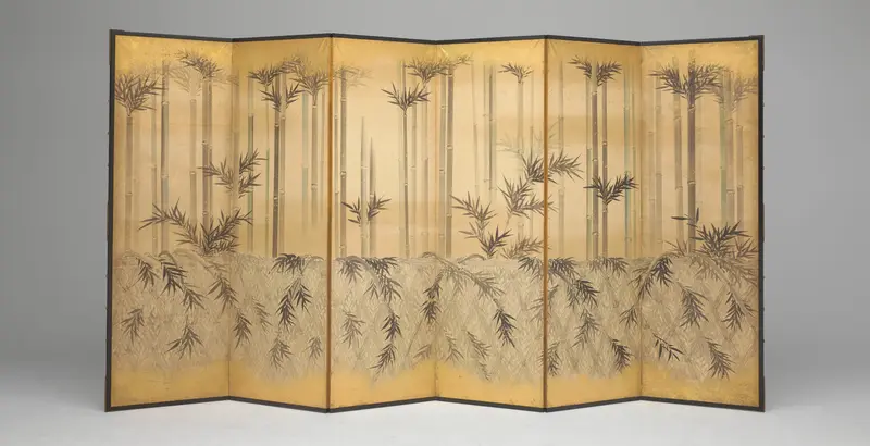 Bamboo and Fences by Tosa Mitsuoki, paper medium, featuring slender bamboo stalks and fences.
