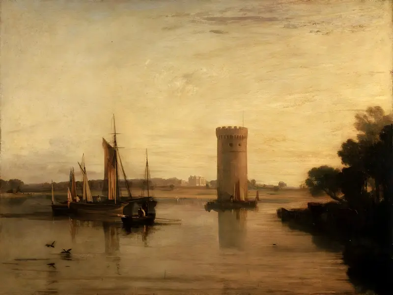 A round stone tower near the center reflects in still water, surrounded by boats with ochre sails, dense trees, and a small rowboat with a figure.