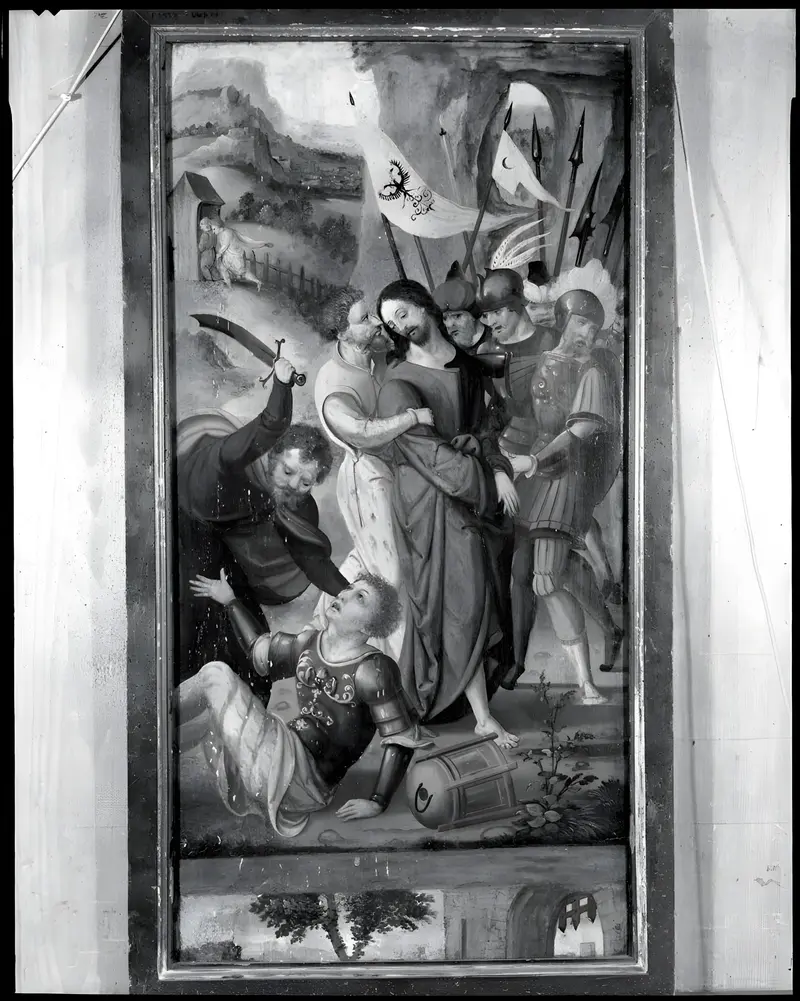 The Betrayal of Christ, oil on panel by an unidentified artist, featuring Christ surrounded by shadowy figures.
