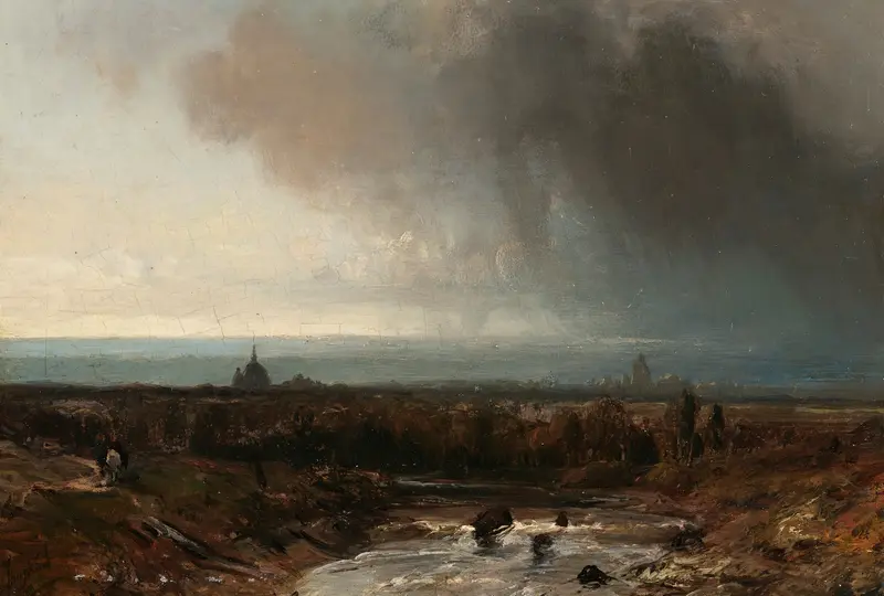 A river landscape beneath a stormy sky, oil painting by Johan Barthold Jongkind