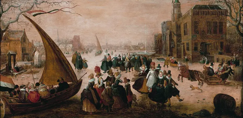 A winter landscape featuring elegantly-dressed figures skating on a frozen river with an ice yacht.