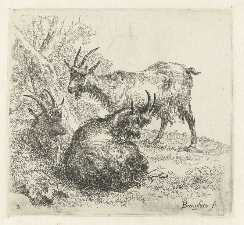 Three goats in a lush landscape, etching by Nicolaes Pietersz Berchem
