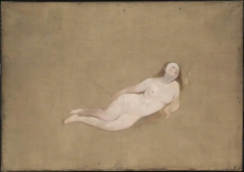 Two recumbent nude figures captured in a tender moment, showcasing the softness of their forms.