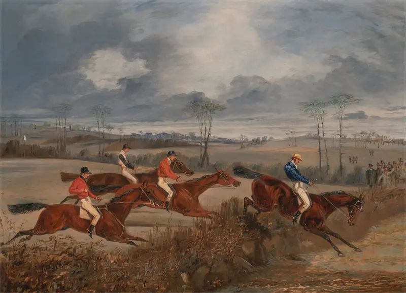 Genre scene of a horse race over a hedge, oil on canvas by Henry Thomas Alken