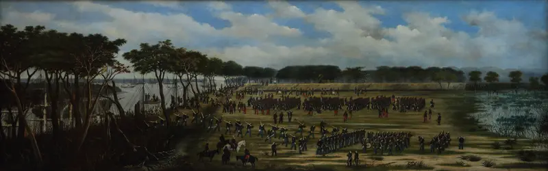 Historical scene with soldiers disembarking from a boat, oil on canvas by Cándido Lopez