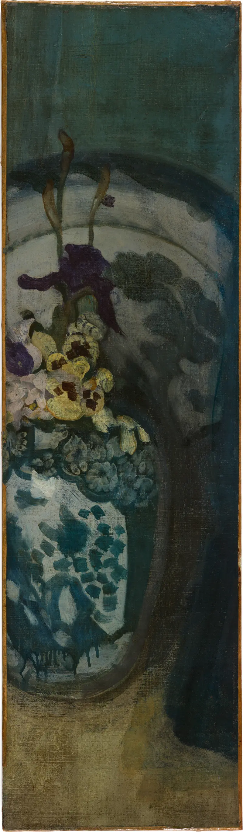 A fragment of a painting featuring deep blues and purples, with blurred floral forms suggesting a dreamlike quality.