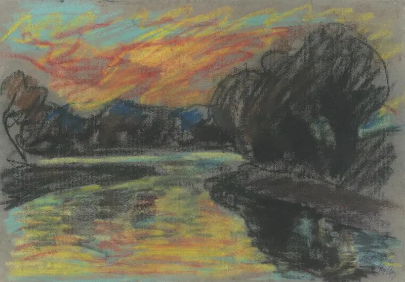 River in a Dark Willow Grove, oil on canvas by Zolo Palugyay, featuring a silvery river and dark willows.