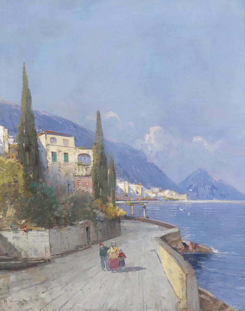 Landscape with hills and a dusk sky, oil painting by Georg Fischhof