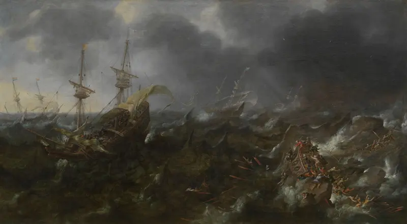 The Battle of Lepanto by Andries van Eertvelt, oil painting depicting a naval battle