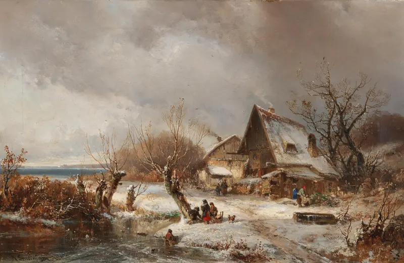 Winter landscape with farmstead, oil painting by Adolf Stademann