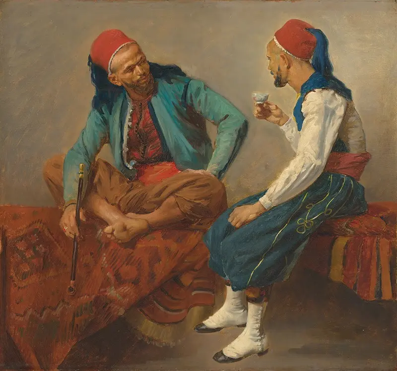 A painting depicting two North Africans engaged in conversation.