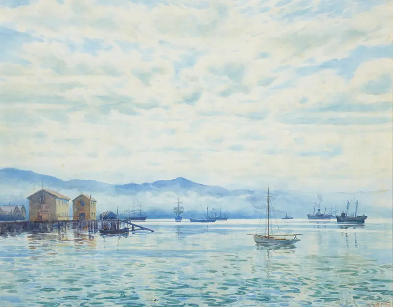 Wellington Harbour by James Nair, oil painting depicting gentle waves and shimmering light.