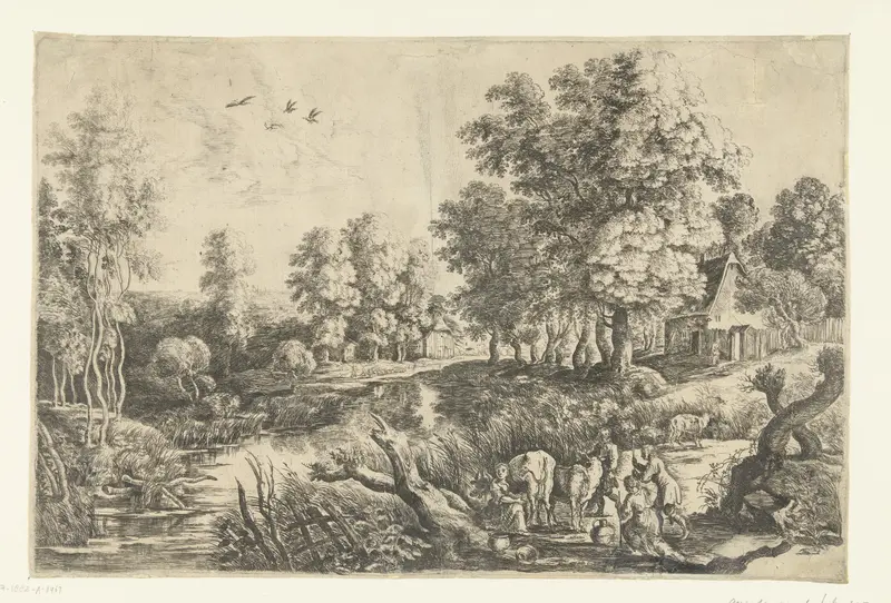 Farmers with cattle by a brook, etching by Lucas van Uden
