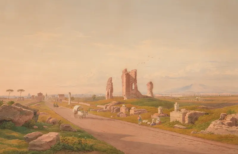 Oil painting by Hermann David Salomon Corrodi featuring a winding pathway and lush foliage.