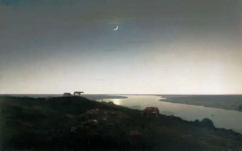 A crescent moon illuminates a dark hillside where horses graze, with a shimmering river reflecting the night sky.