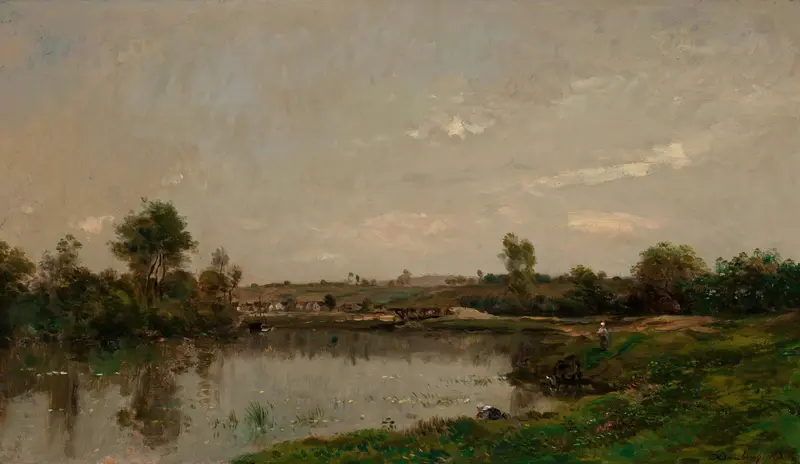 Oil painting by Charles François Daubigny depicting a river and trees