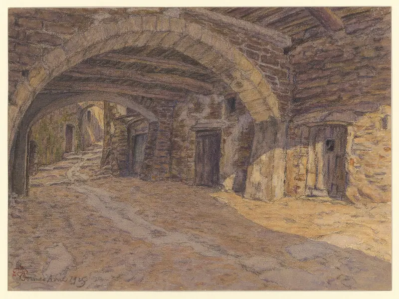 Bormes by Henri Rivière, oil painting depicting ancient architecture with soft light.
