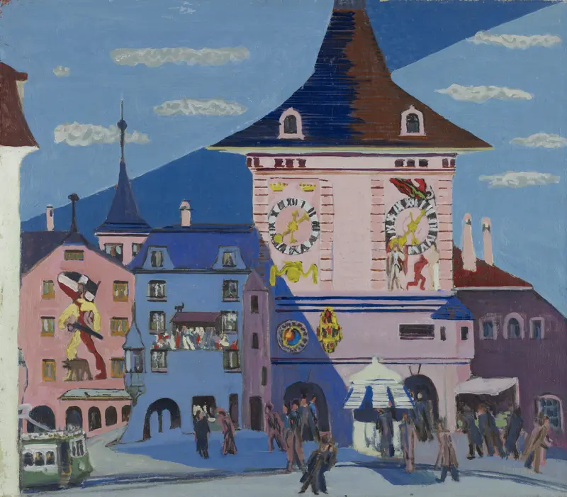 Bern with Belltower by Ernst Ludwig Kirchner, oil painting depicting a belltower and cityscape.