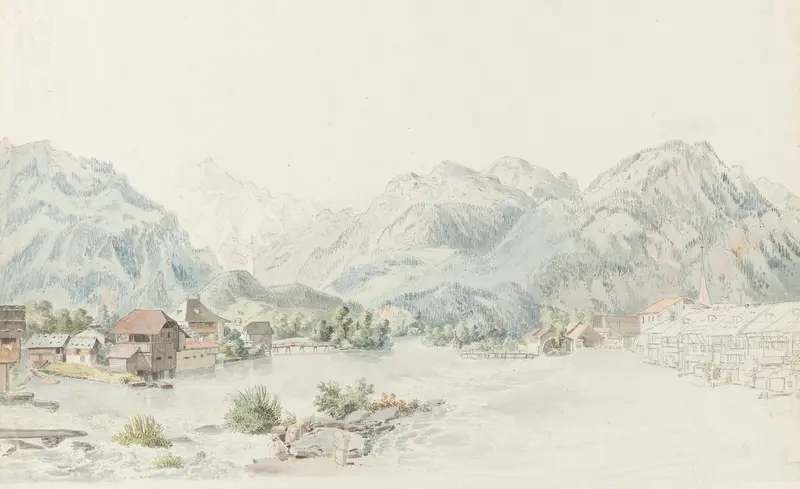 Engraving by Johann Ludwig Aberli depicting a serene landscape with hills and water.