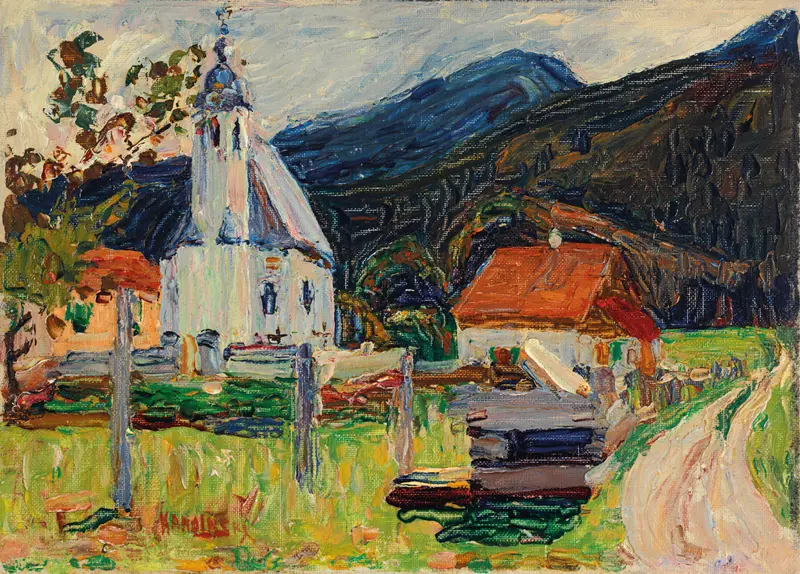 Kochel—Dorfkirche by Wassily Kandinsky, oil on canvas depicting a village landscape with a church.