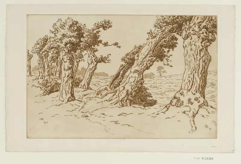 Henri Rivière's 'Les Vieux chênes' captures a serene landscape filled with ancient oak trees.