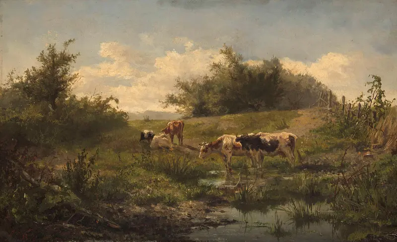 Cows at a pond, oil painting by Gerard Bilders